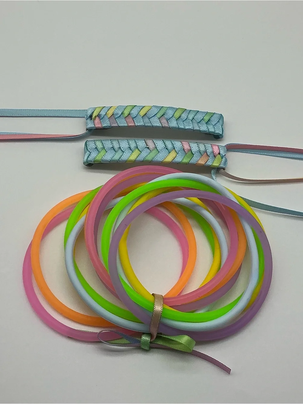 Pastel Blue and Pastel Rainbow 80s Barrettes & 12 Jelly Bracelets